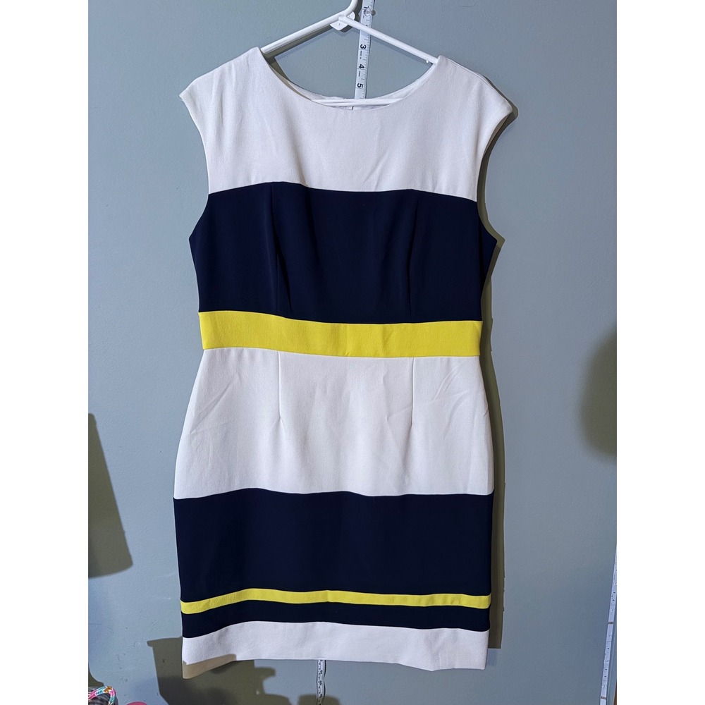 Women Colorblock Sleeveless Sheath Dress Navy Blue White Yellow Stripe T05-08